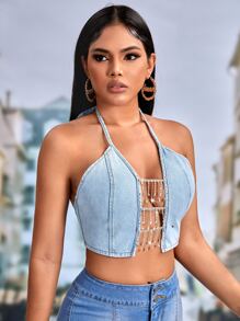 SHEIN Unity Chain Detail Crop Denim Halter Top - Light Wash - View 4