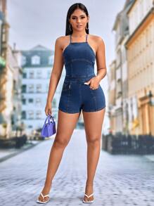 SHEIN SXY Lace Up Backless Denim Romper - Dark Wash - View 2