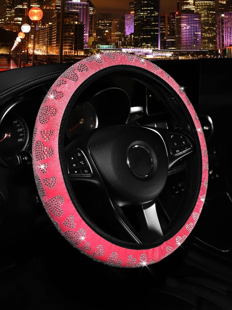 冬季闪亮心形水钻毛绒方向盘套，闪亮汽车内饰配件