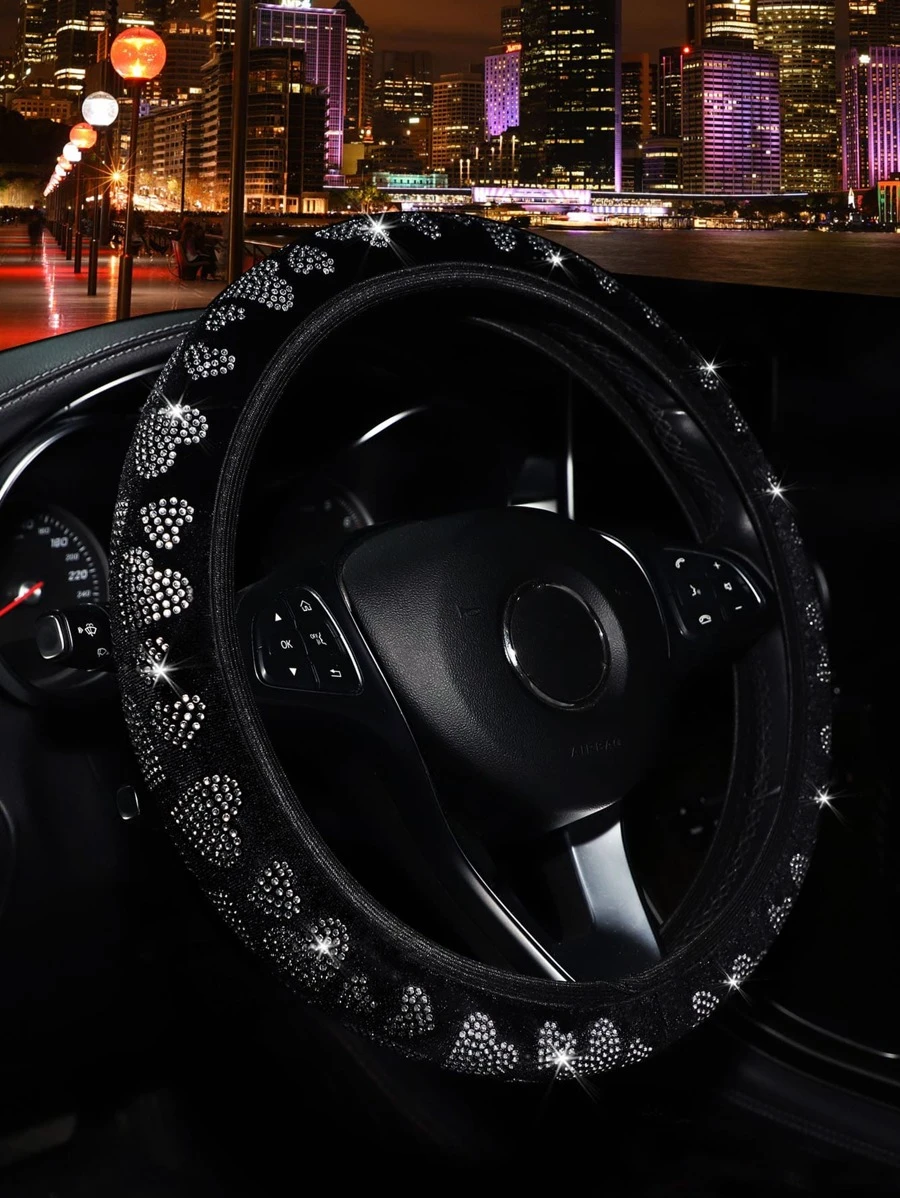冬季闪亮心形水钻闪亮毛绒方向盘套 适用于汽车内饰配件