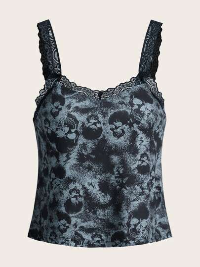 Skull Print Contrast Lace Cami Top