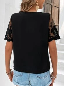 SHEIN Clasi Contrast Lace Sleeve Solid Blouse - Black - View 2