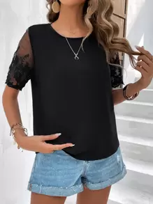 SHEIN Clasi Contrast Lace Sleeve Solid Blouse - Black - View 4