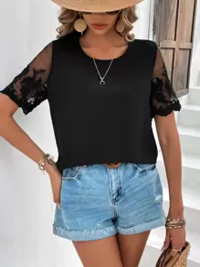 SHEIN Clasi Contrast Lace Sleeve Solid Blouse - Black - View 5