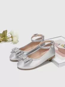 女孩亮片和蝴蝶結裝飾踝帶時尚戶外金屬質感平底鞋