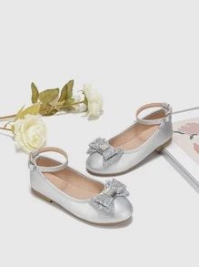 女孩亮片和蝴蝶結裝飾踝帶時尚戶外金屬質感平底鞋