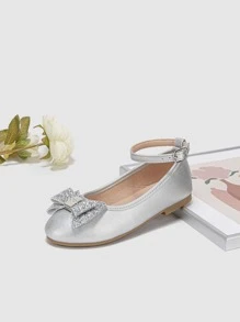 女孩亮片和蝴蝶結裝飾踝帶時尚戶外金屬質感平底鞋