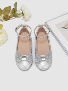 女孩亮片和蝴蝶結裝飾踝帶時尚戶外金屬質感平底鞋