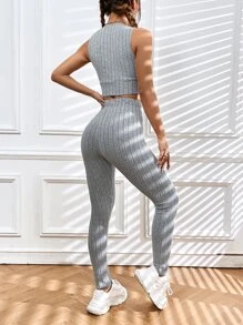 SHEIN EZwear Bộ đồ hai mảnh nữ Đắp vá Trọn gói Gân đan Lá thư Giải trí - Màu Xám nhạt - Xem 3