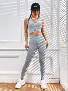SHEIN EZwear Bộ đồ hai mảnh nữ Đắp vá Trọn gói Gân đan Lá thư Giải trí - Màu Xám nhạt - Xem 5
