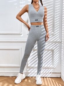 SHEIN EZwear Bộ đồ hai mảnh nữ Đắp vá Trọn gói Gân đan Lá thư Giải trí - Màu Xám nhạt - Xem 6