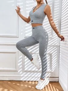 SHEIN EZwear Bộ đồ hai mảnh nữ Đắp vá Trọn gói Gân đan Lá thư Giải trí - Màu Xám nhạt - Xem 7