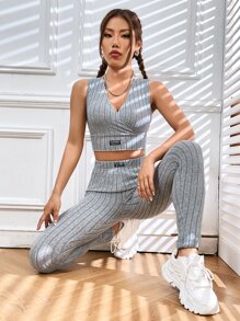 SHEIN EZwear Bộ đồ hai mảnh nữ Đắp vá Trọn gói Gân đan Lá thư Giải trí - Màu Xám nhạt - Xem 2