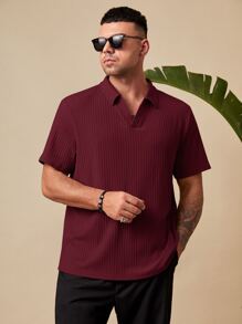 EASEVO Men Plus Solid Ribbed Knit Polo Shirt - Burgundy - View 1