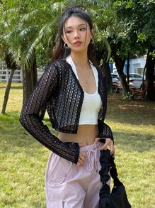 DAZY Hollow Out Crop Jacket Without Tank Top - Black - View 7