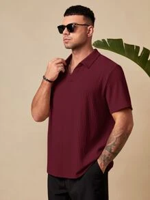EASEVO Men Plus Solid Ribbed Knit Polo Shirt - Burgundy - View 4