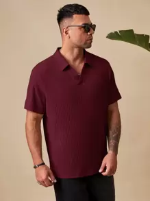 EASEVO Men Plus Solid Ribbed Knit Polo Shirt - Burgundy - View 5