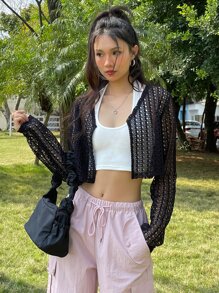 DAZY Hollow Out Crop Jacket Without Tank Top - Black - View 10