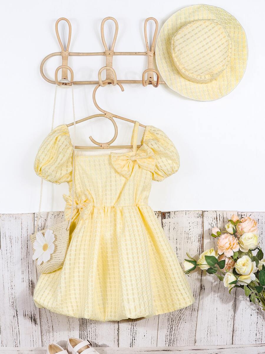 小女童泡泡袖前蝴蝶結洋裝附帽子