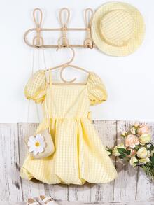 小女童泡泡袖前蝴蝶結洋裝附帽子