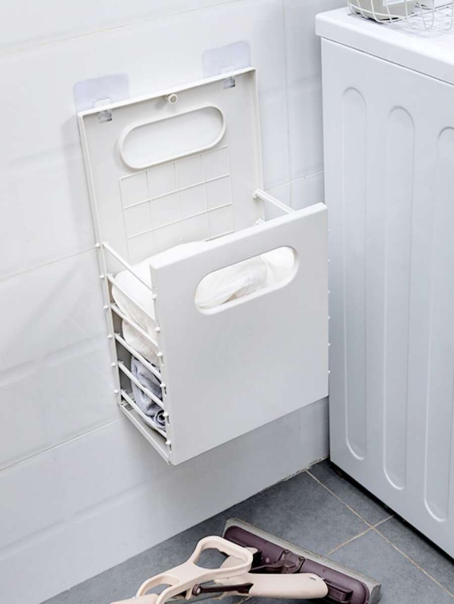 1pc PP Laundry Basket, Minimalist Foldable Wall Mounted Laundry Hamper For Home - White - View 1