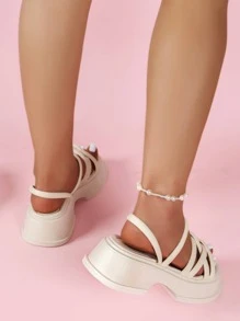 女式交叉多穿露跟涼鞋時尚米色厚底拖鞋 - 米色 - 查看 2