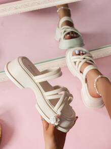 女式交叉多穿露跟涼鞋時尚米色厚底拖鞋 - 米色 - 查看 3