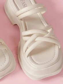 女式交叉多穿露跟涼鞋時尚米色厚底拖鞋 - 米色 - 查看 6