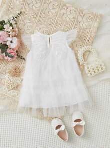 嬰兒蝴蝶貼花荷葉邊網紗覆蓋洋裝 - 白色 - 查看 1