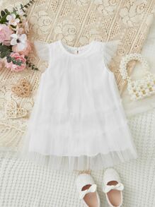 嬰兒蝴蝶貼花荷葉邊網紗覆蓋洋裝 - 白色 - 查看 2