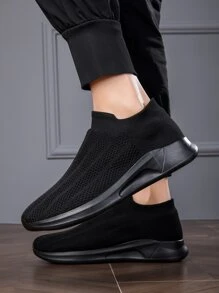 運動跑步鞋適用於男士針織細節透氣一腳蹬運動鞋 - 黑色 - 查看 2