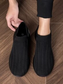 運動跑步鞋適用於男士針織細節透氣一腳蹬運動鞋 - 黑色 - 查看 3