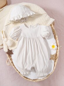 SHEIN 嬰兒泡泡袖荷葉邊連身短褲 - 杏色 - 查看 1