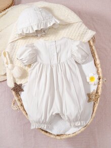 SHEIN 嬰兒泡泡袖荷葉邊連身短褲 - 杏色 - 查看 2