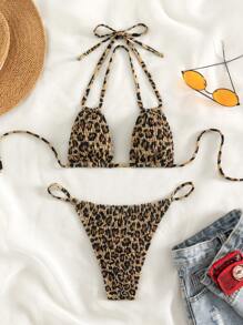 Swim SXY Summer Beach Leopard Halter Triangle Bikini Set - Multicolor - View 3