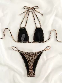 Swim SXY Summer Beach Leopard Halter Triangle Bikini Set - Multicolor - View 4