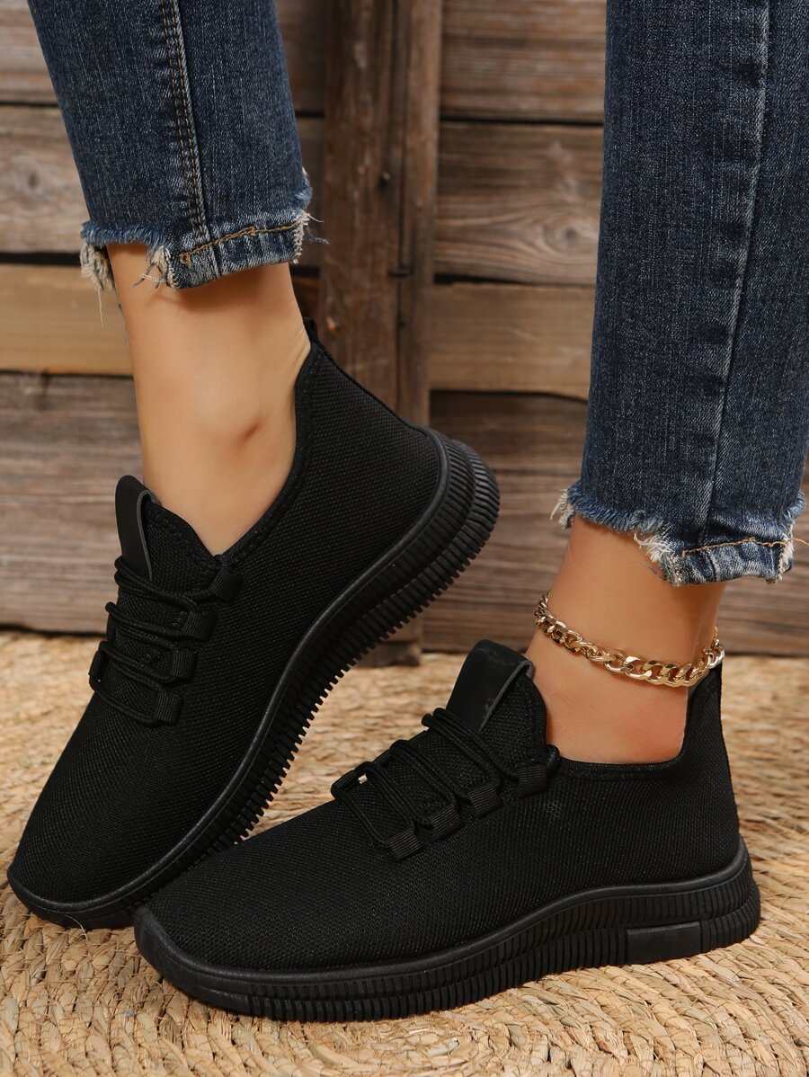 運動黑色跑步鞋適用於女士貼布裝飾繫帶運動鞋