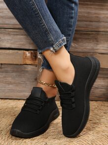 運動黑色跑步鞋適用於女士貼布裝飾繫帶運動鞋