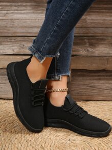 運動黑色跑步鞋適用於女士貼布裝飾繫帶運動鞋