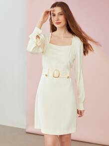 MOTF PREMIUM BELTED SQUARE NECK DRESS - Beige - View 7