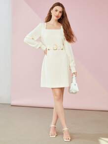MOTF PREMIUM BELTED SQUARE NECK DRESS - Beige - View 2