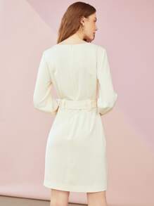 MOTF PREMIUM BELTED SQUARE NECK DRESS - Beige - View 5