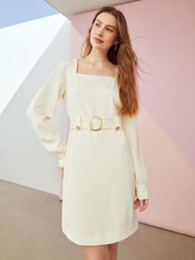 MOTF PREMIUM BELTED SQUARE NECK DRESS - Beige - View 4