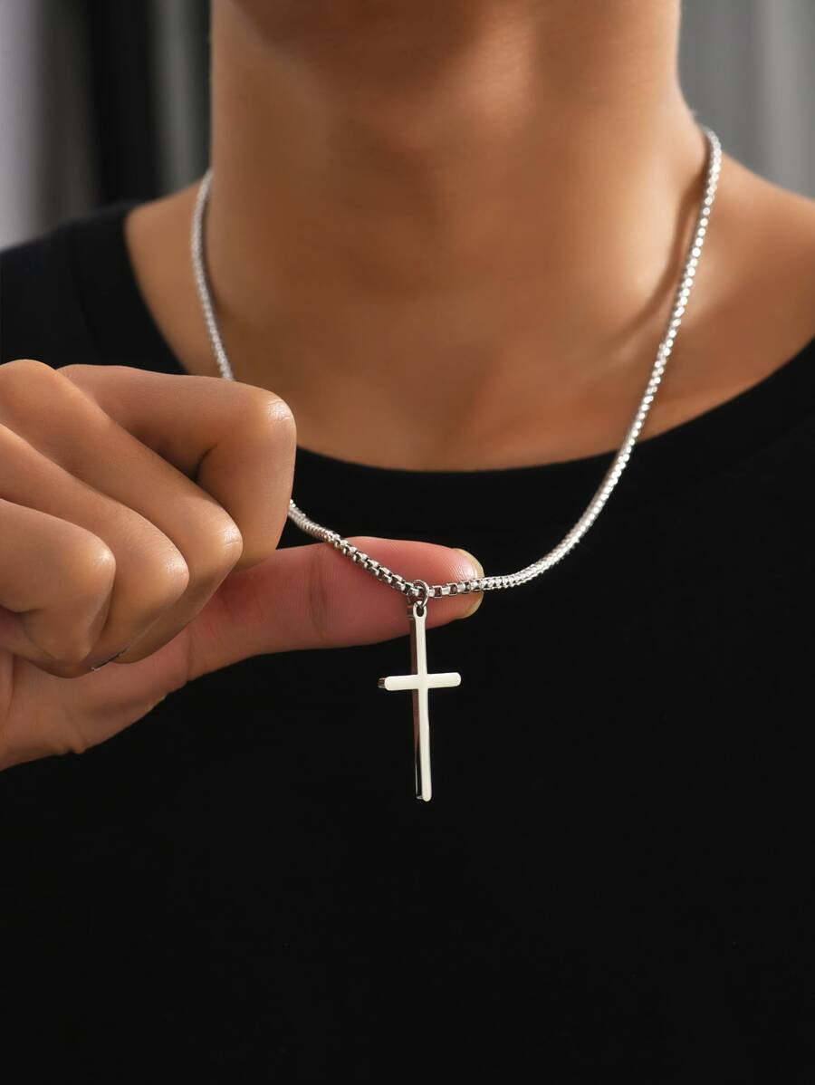 Men Cross Charm Necklace - Silver - View 1