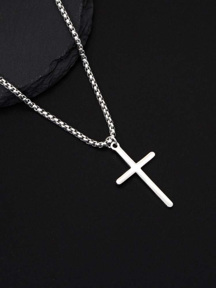 Men Cross Charm Necklace - Silver - View 2