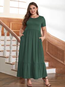 大碼素色斜口袋荷葉邊連衣裙 - 綠色 - 查看 1