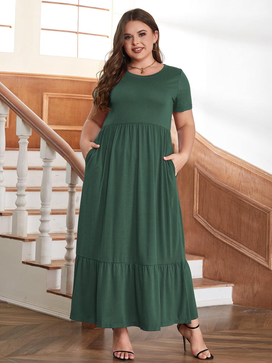 大碼素色斜口袋荷葉邊連衣裙 - 綠色 - 查看 1
