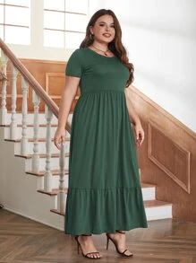 大碼素色斜口袋荷葉邊連衣裙 - 綠色 - 查看 4