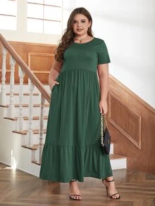 大碼素色斜口袋荷葉邊連衣裙 - 綠色 - 查看 5