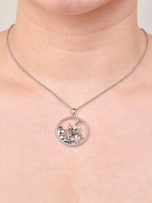 Moon Decor Round Pendant Necklace - Silver - View 1